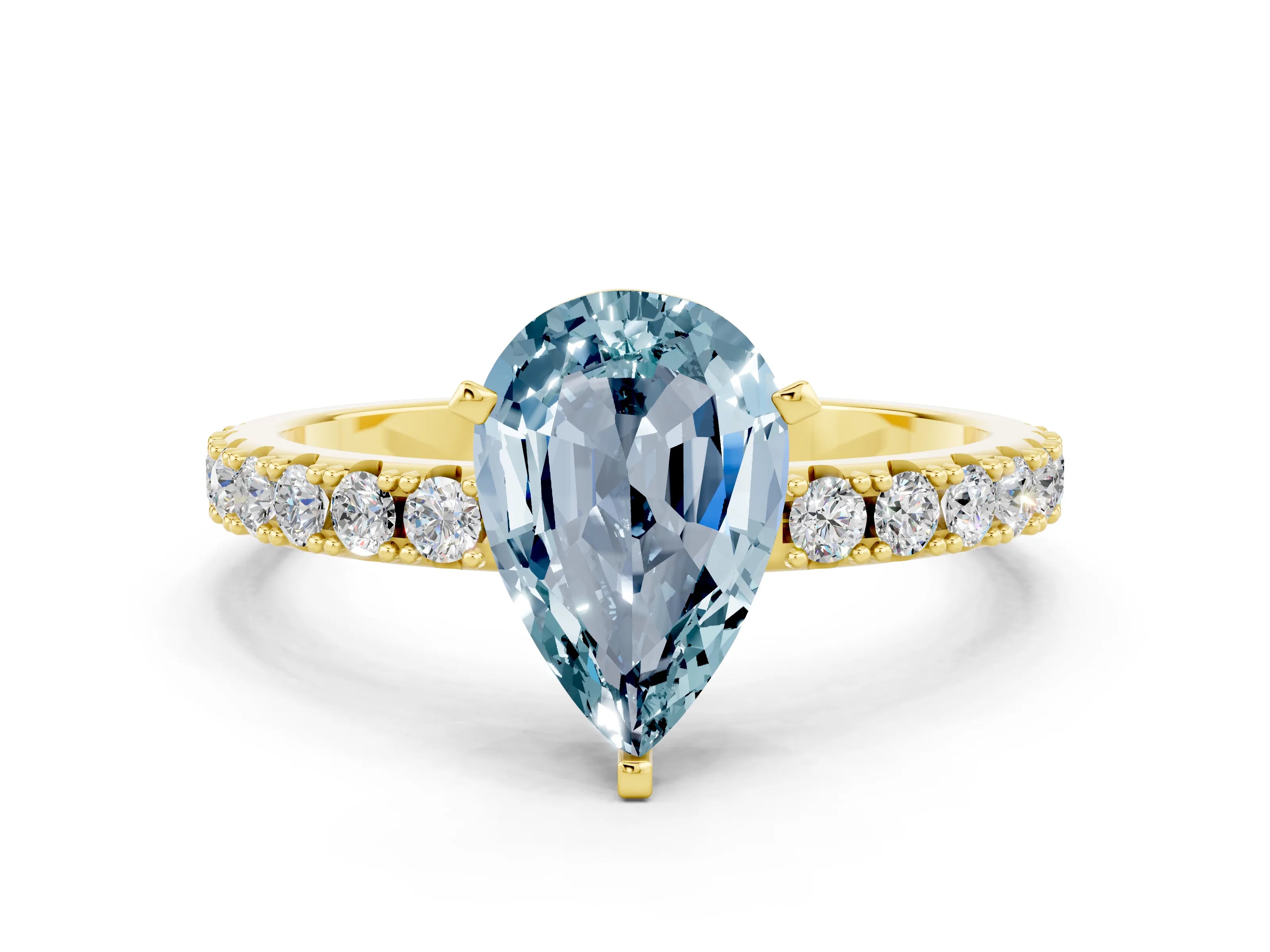 Yellow gold Pear Cut Aquamarine Solitaire Pavé Band with Four-Prong Setting