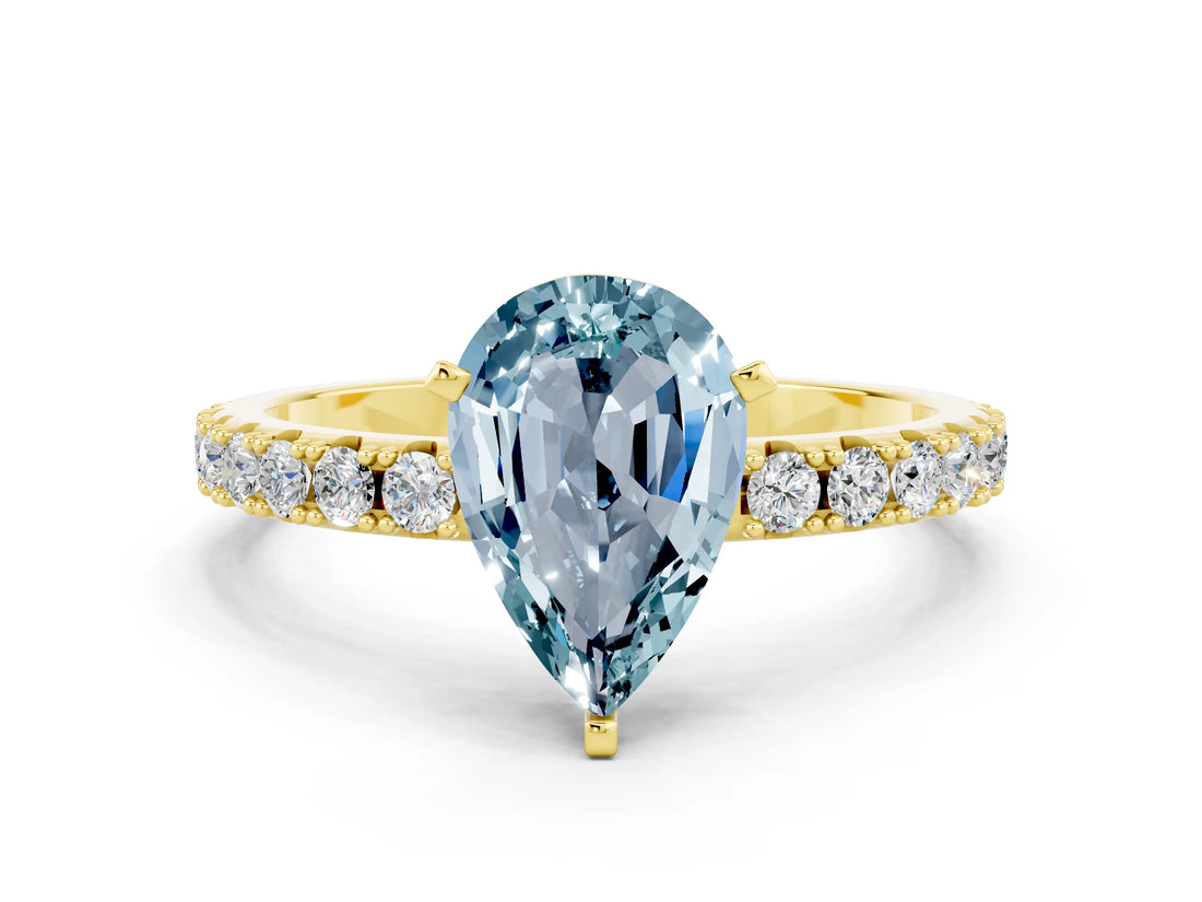 Yellow gold Pear Cut Aquamarine Solitaire Pavé Band with Four-Prong Setting