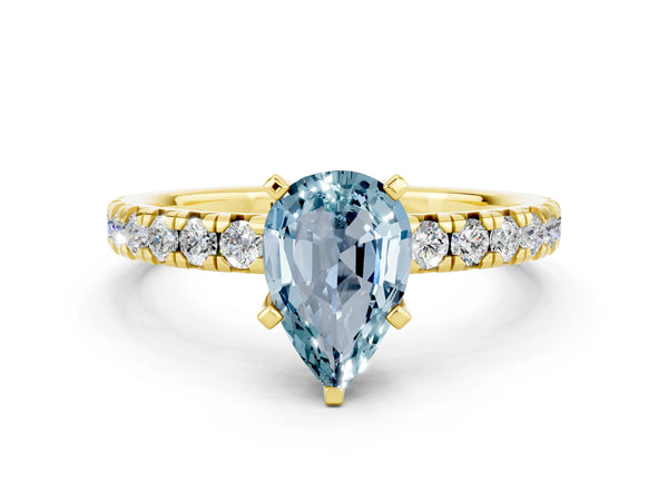 Yellow gold Pear Cut Aquamarine Solitaire Pavé Engagement Ring with Round Band and Prong Setting