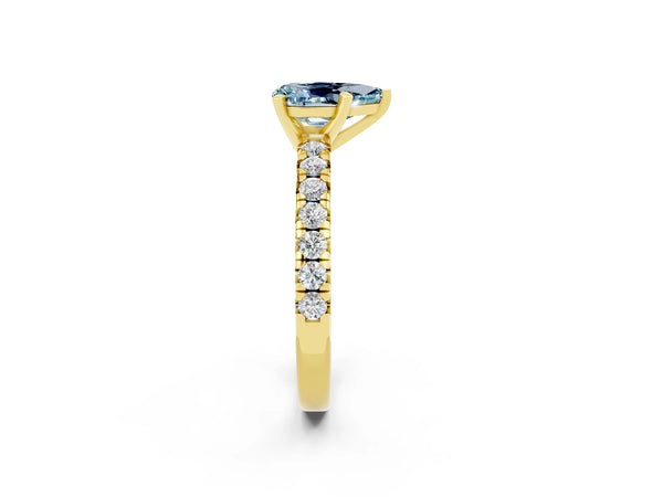 Yellow gold Pear Cut Aquamarine Solitaire Pavé Engagement Ring with Round Band and Prong Setting
