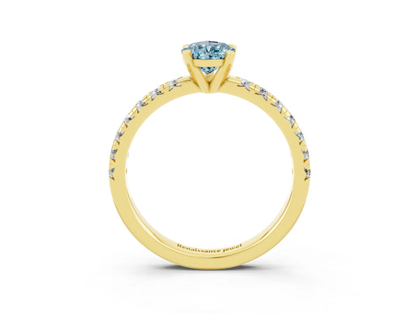 Yellow gold Pear Cut Aquamarine Solitaire Pavé Engagement Ring with Round Band and Prong Setting