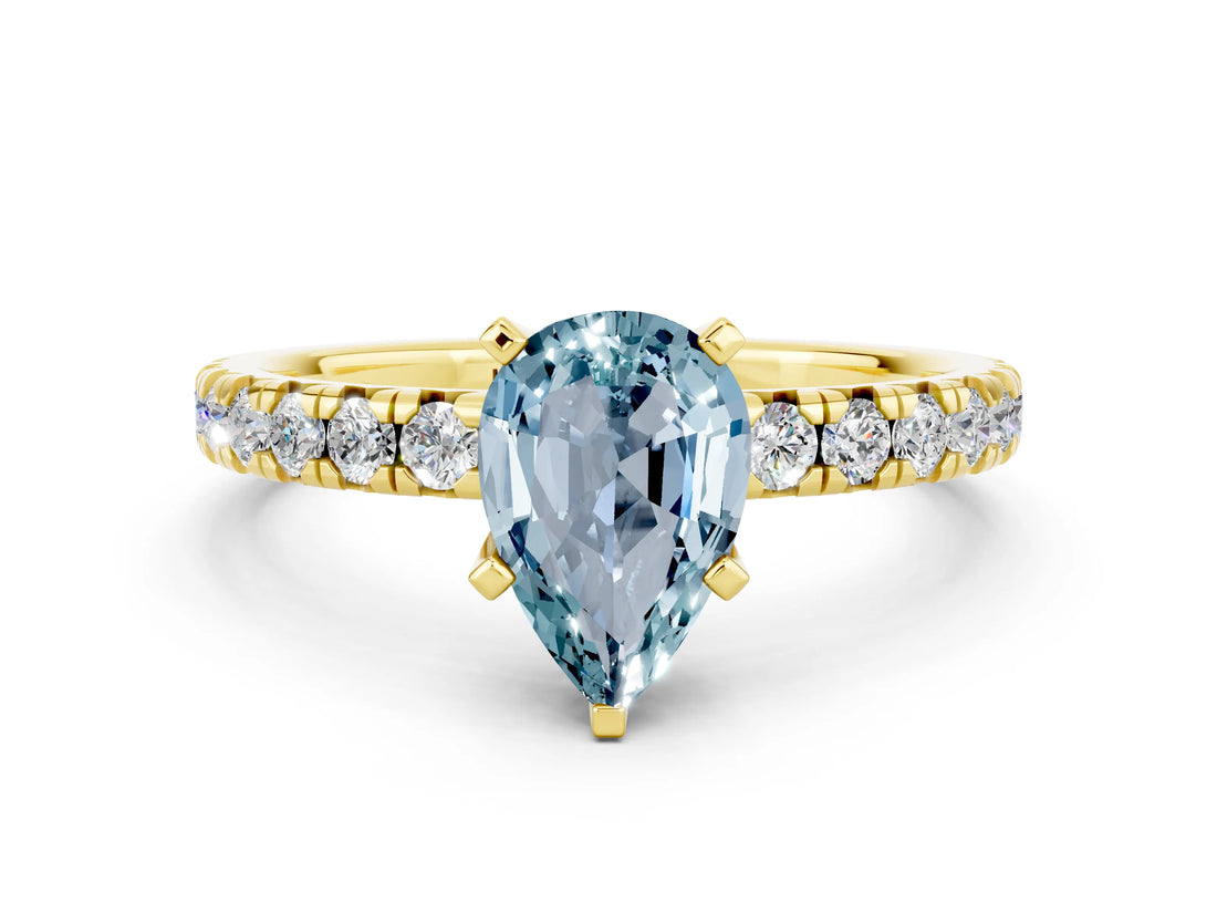 Yellow gold Pear Cut Aquamarine Solitaire Pavé Engagement Ring with Round Band and Prong Setting_66