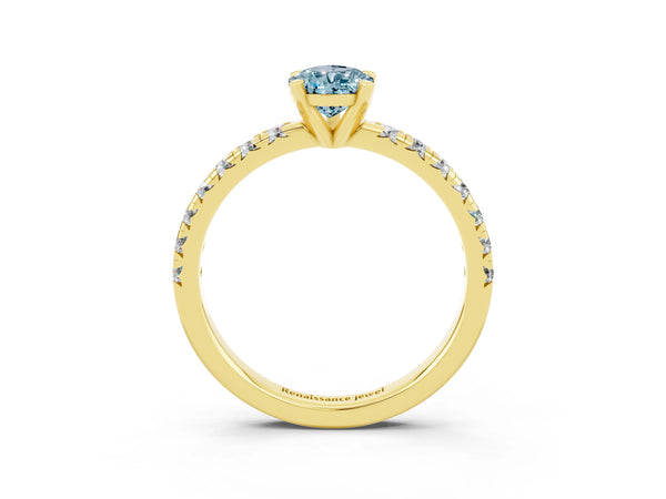 Yellow gold Pear Cut Aquamarine Solitaire Pavé Engagement Ring with Round Band and Prong Setting