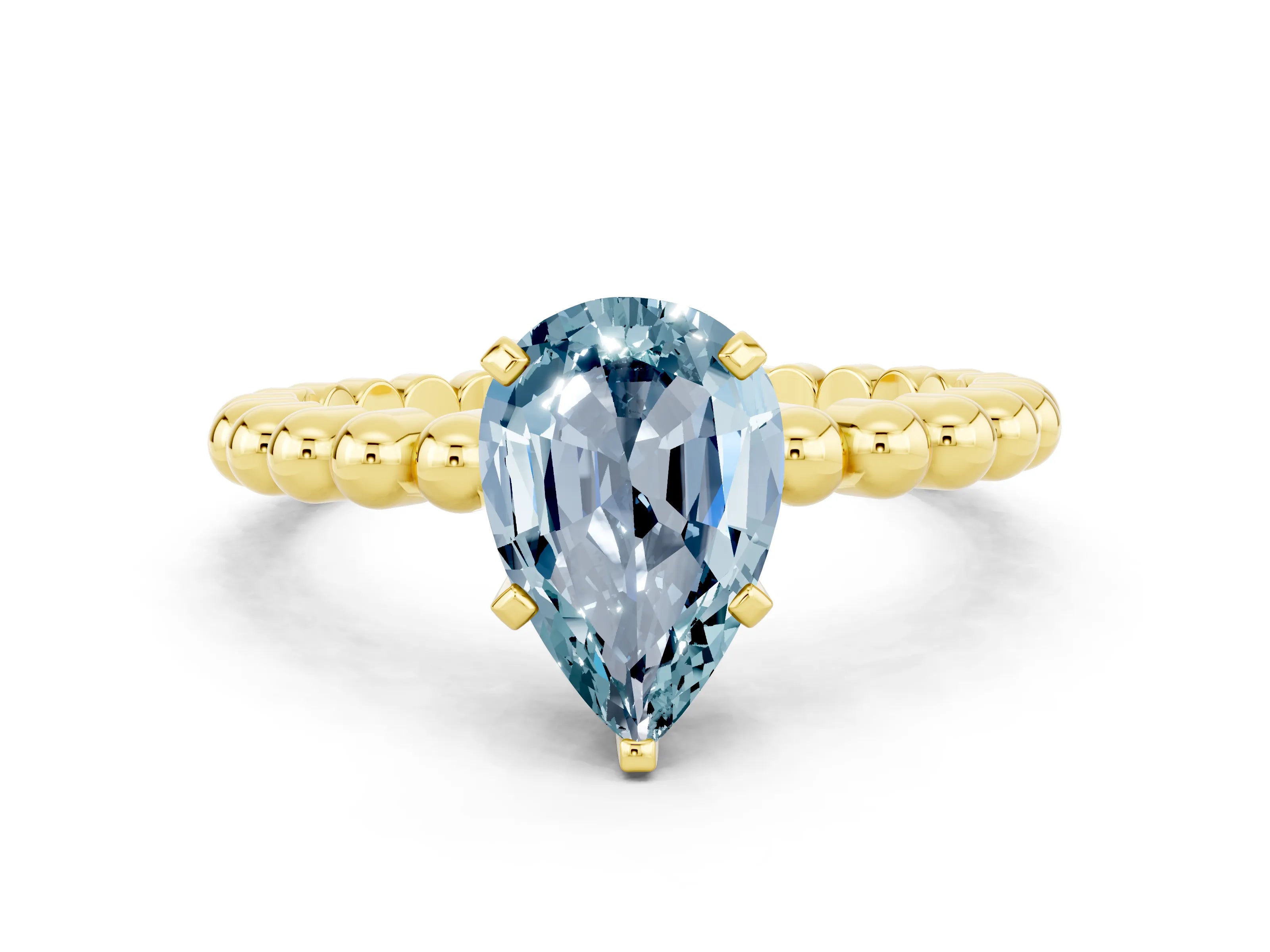 Yellow gold Pear Cut Aquamarine Solitaire Ring with Beaded Band and Prong Setting
