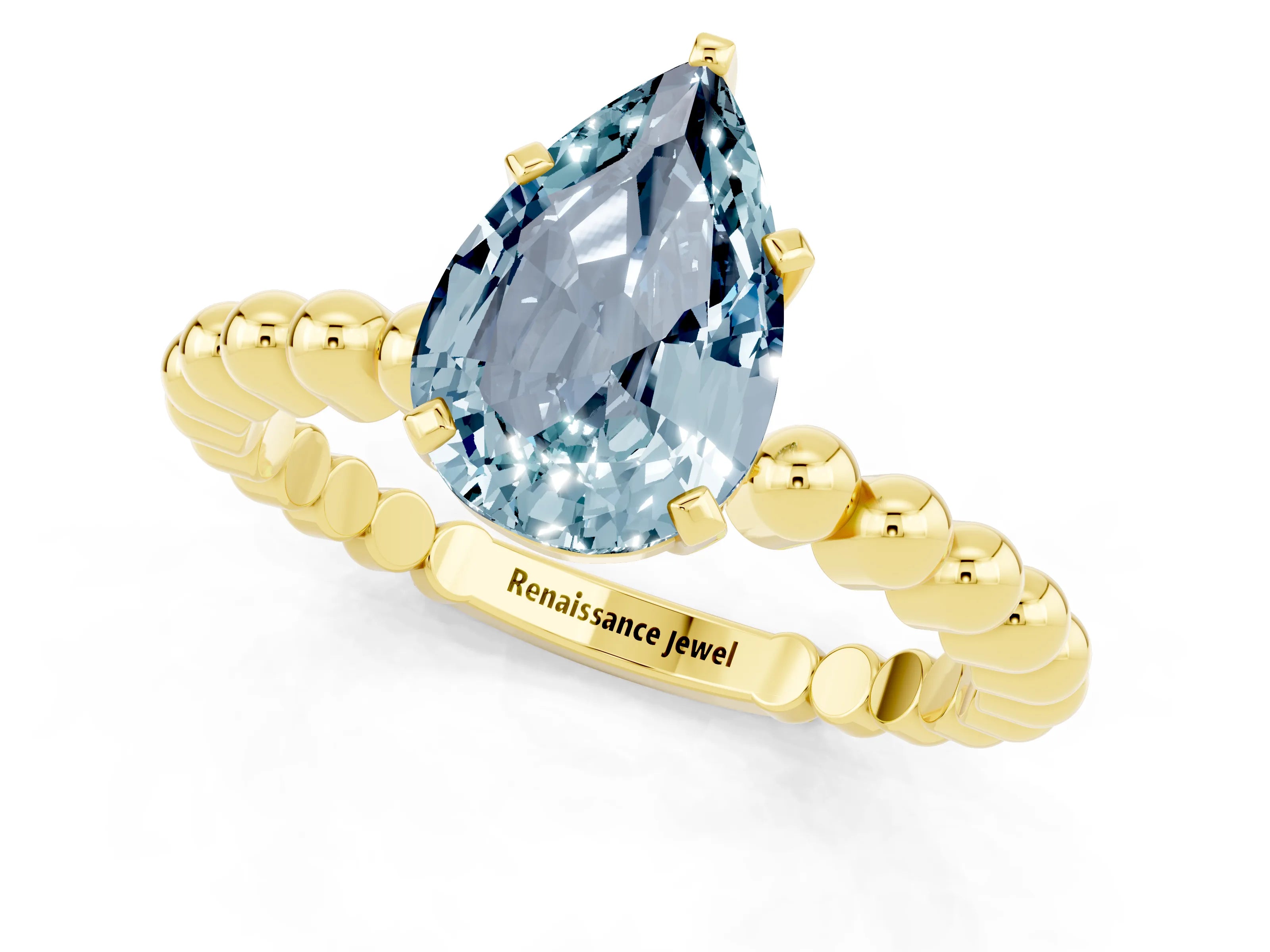 Yellow gold Pear Cut Aquamarine Solitaire Ring with Beaded Band and Prong Setting_1