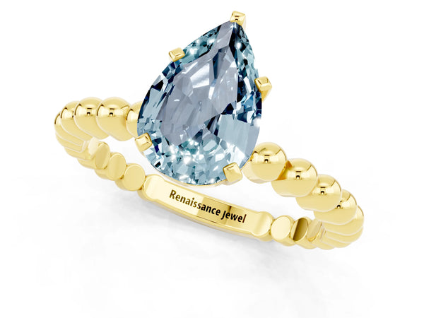 Yellow gold Pear Cut Aquamarine Solitaire Ring with Beaded Band and Prong Setting