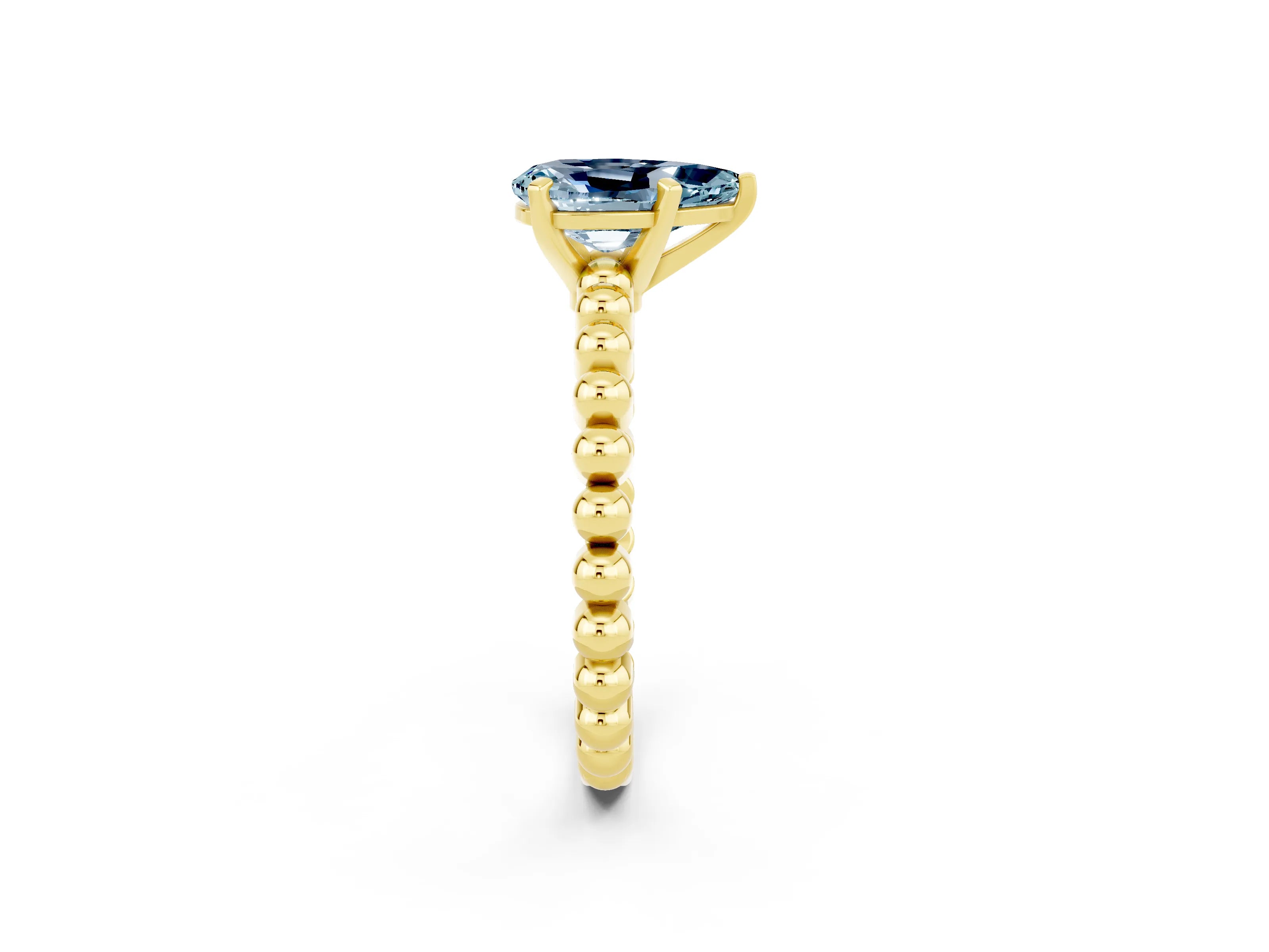 Yellow gold Pear Cut Aquamarine Solitaire Ring with Beaded Band and Prong Setting_2
