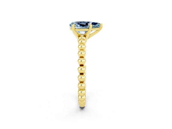 Yellow gold Pear Cut Aquamarine Solitaire Ring with Beaded Band and Prong Setting