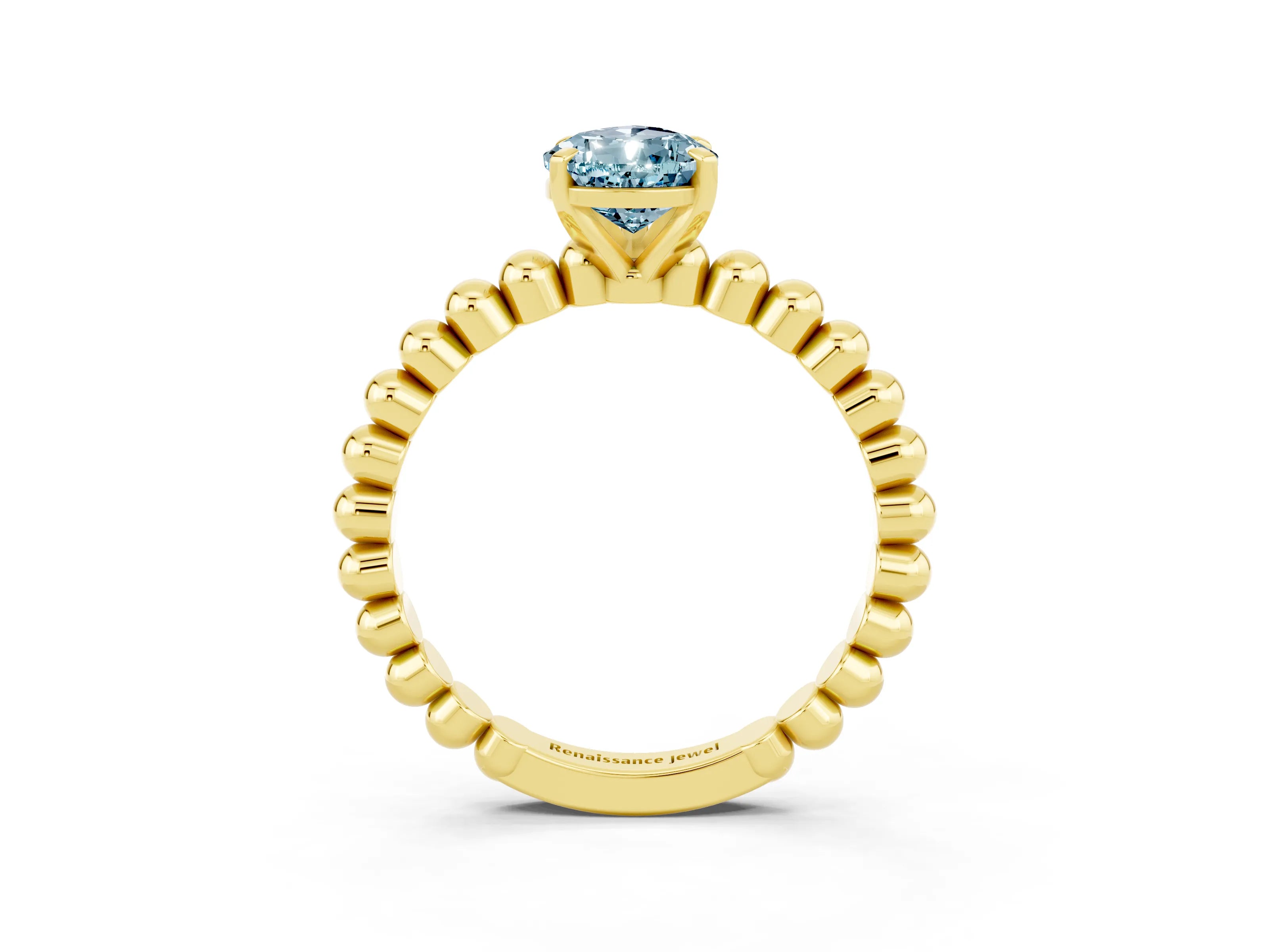 Yellow gold Pear Cut Aquamarine Solitaire Ring with Beaded Band and Prong Setting_3