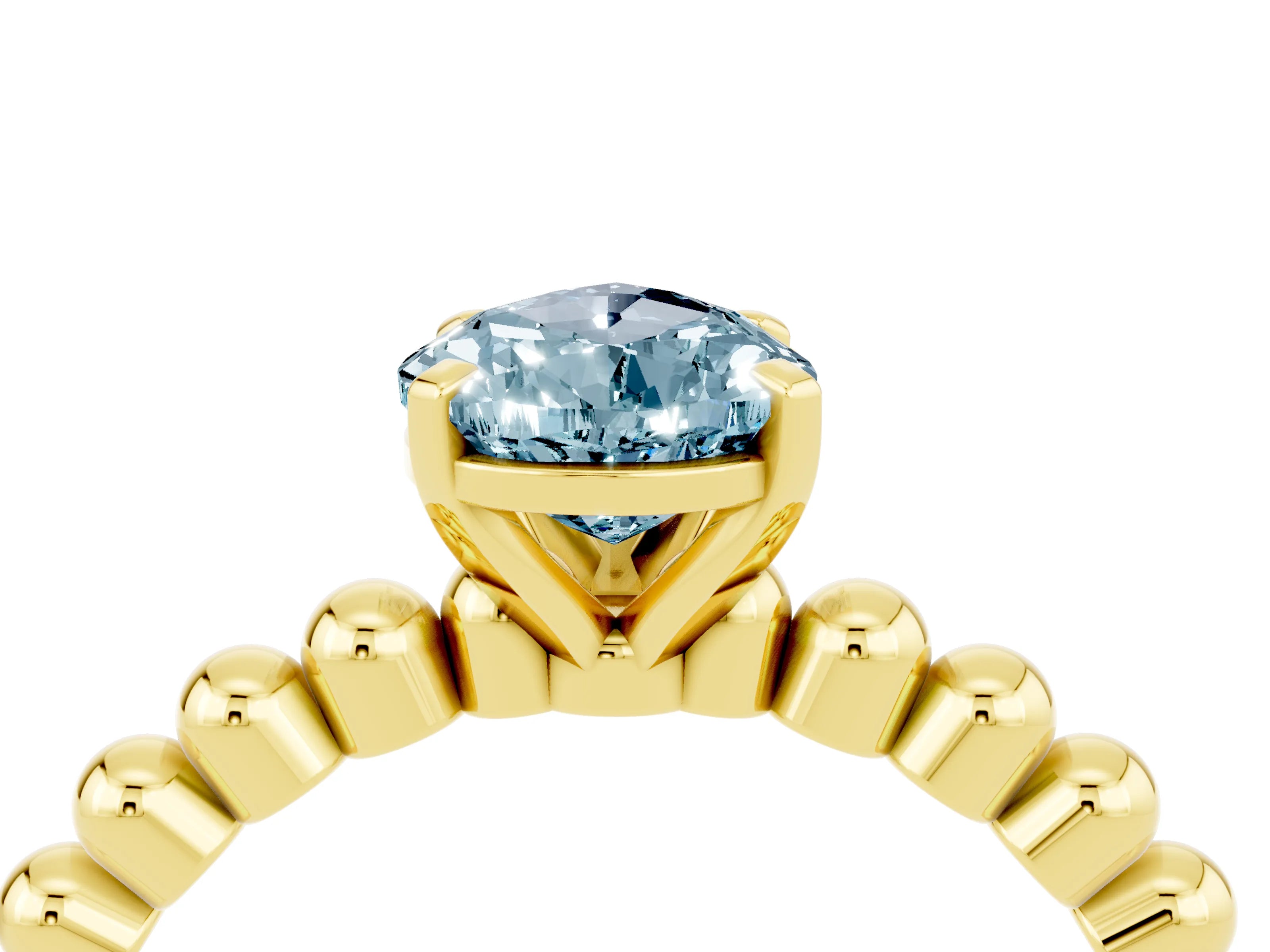 Yellow gold Pear Cut Aquamarine Solitaire Ring with Beaded Band and Prong Setting_4