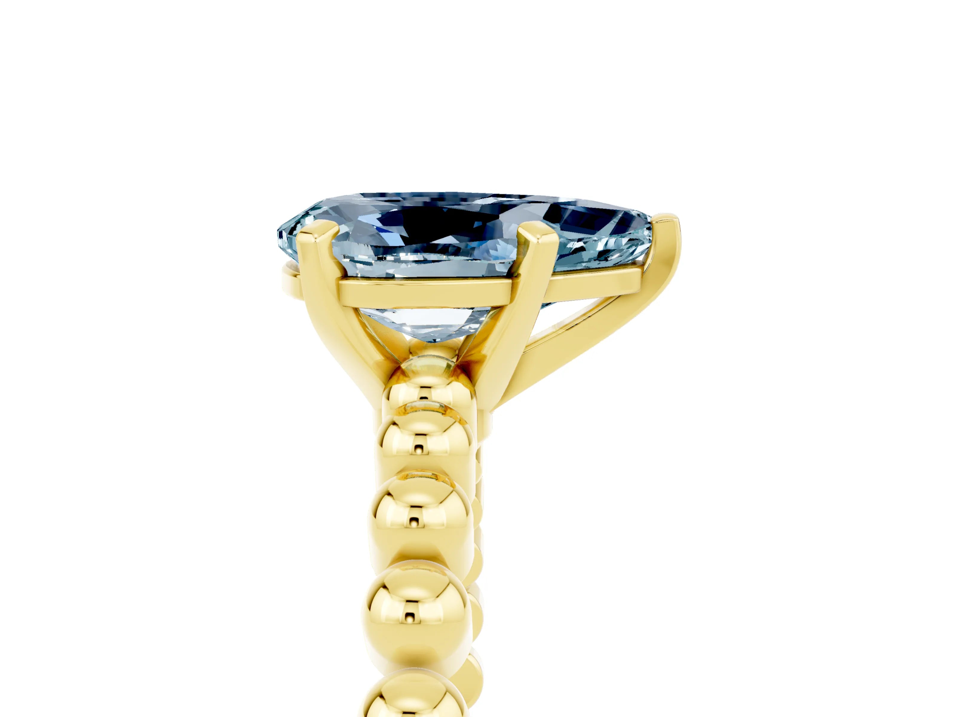 Yellow gold Pear Cut Aquamarine Solitaire Ring with Beaded Band and Prong Setting_5