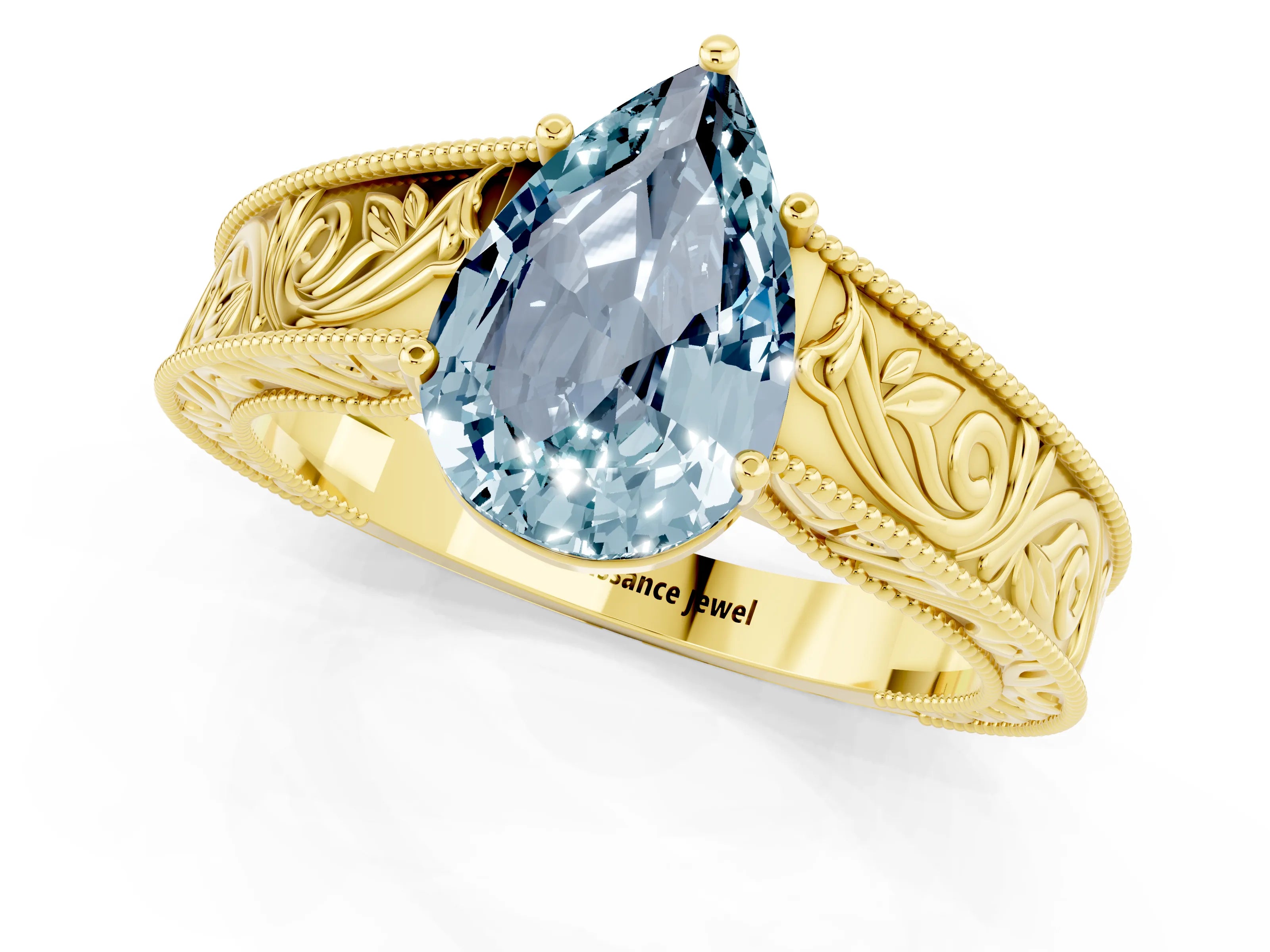 Yellow gold Pear Cut Aquamarine Solitaire Ring with Engraved Band and Four-Prong Setting_1