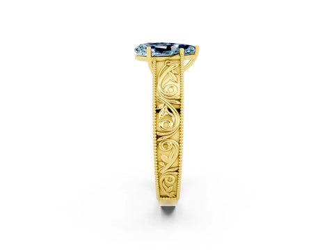 Yellow gold Pear Cut Aquamarine Solitaire Ring with Engraved Band and Four-Prong Setting_2
