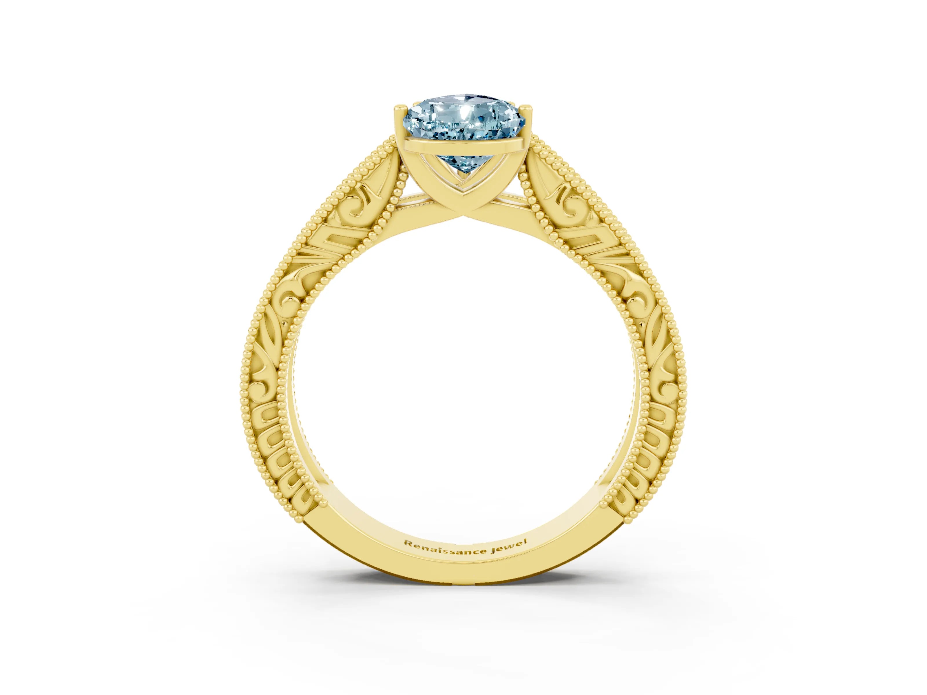 Yellow gold Pear Cut Aquamarine Solitaire Ring with Engraved Band and Four-Prong Setting_3