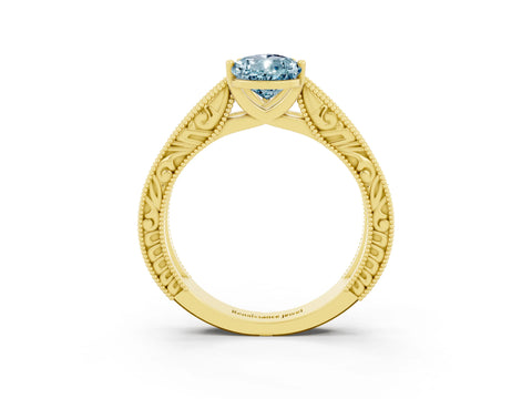 Yellow gold Pear Cut Aquamarine Solitaire Ring with Engraved Band and Four-Prong Setting_3