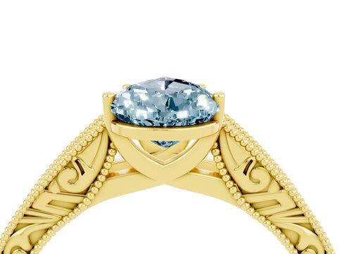 Yellow gold Pear Cut Aquamarine Solitaire Ring with Engraved Band and Four-Prong Setting_4