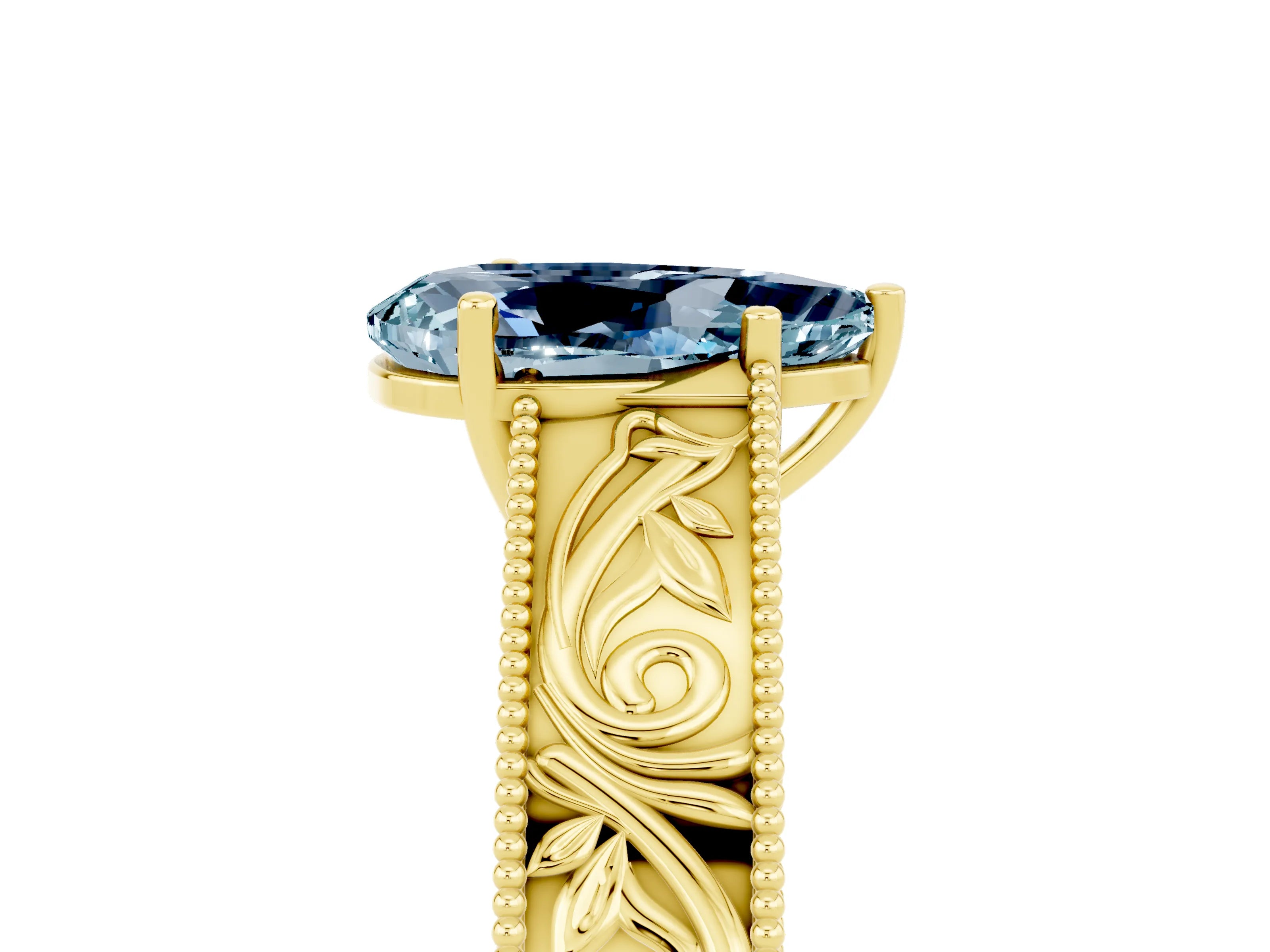 Yellow gold Pear Cut Aquamarine Solitaire Ring with Engraved Band and Four-Prong Setting_5