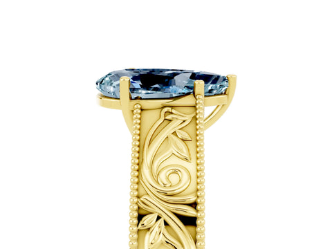 Yellow gold Pear Cut Aquamarine Solitaire Ring with Engraved Band and Four-Prong Setting_5