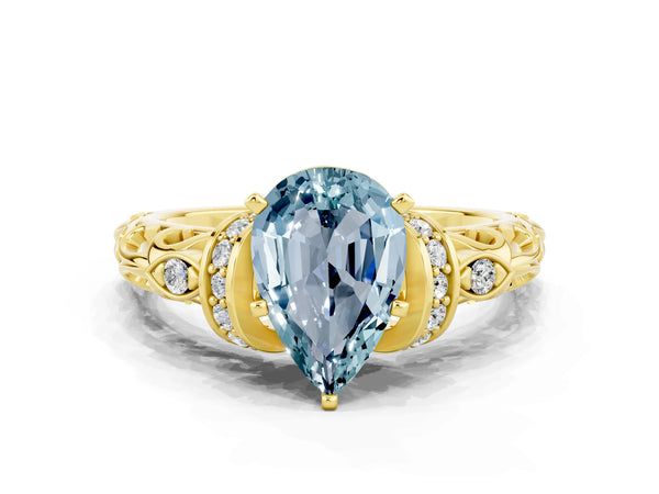 Yellow gold Pear Cut Aquamarine Solitaire Ring with Filigree Band and Four-Prong Setting