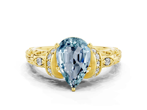 Yellow gold Pear Cut Aquamarine Solitaire Ring with Filigree Band and Four-Prong Setting_24