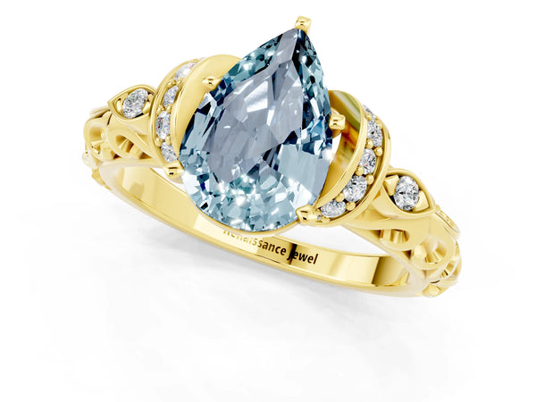 Yellow gold Pear Cut Aquamarine Solitaire Ring with Filigree Band and Four-Prong Setting