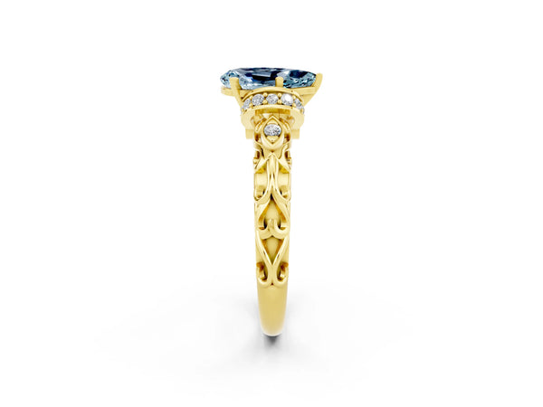 Yellow gold Pear Cut Aquamarine Solitaire Ring with Filigree Band and Four-Prong Setting