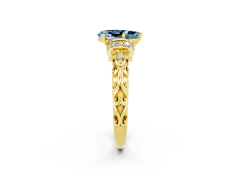 Yellow gold Pear Cut Aquamarine Solitaire Ring with Filigree Band and Four-Prong Setting_26