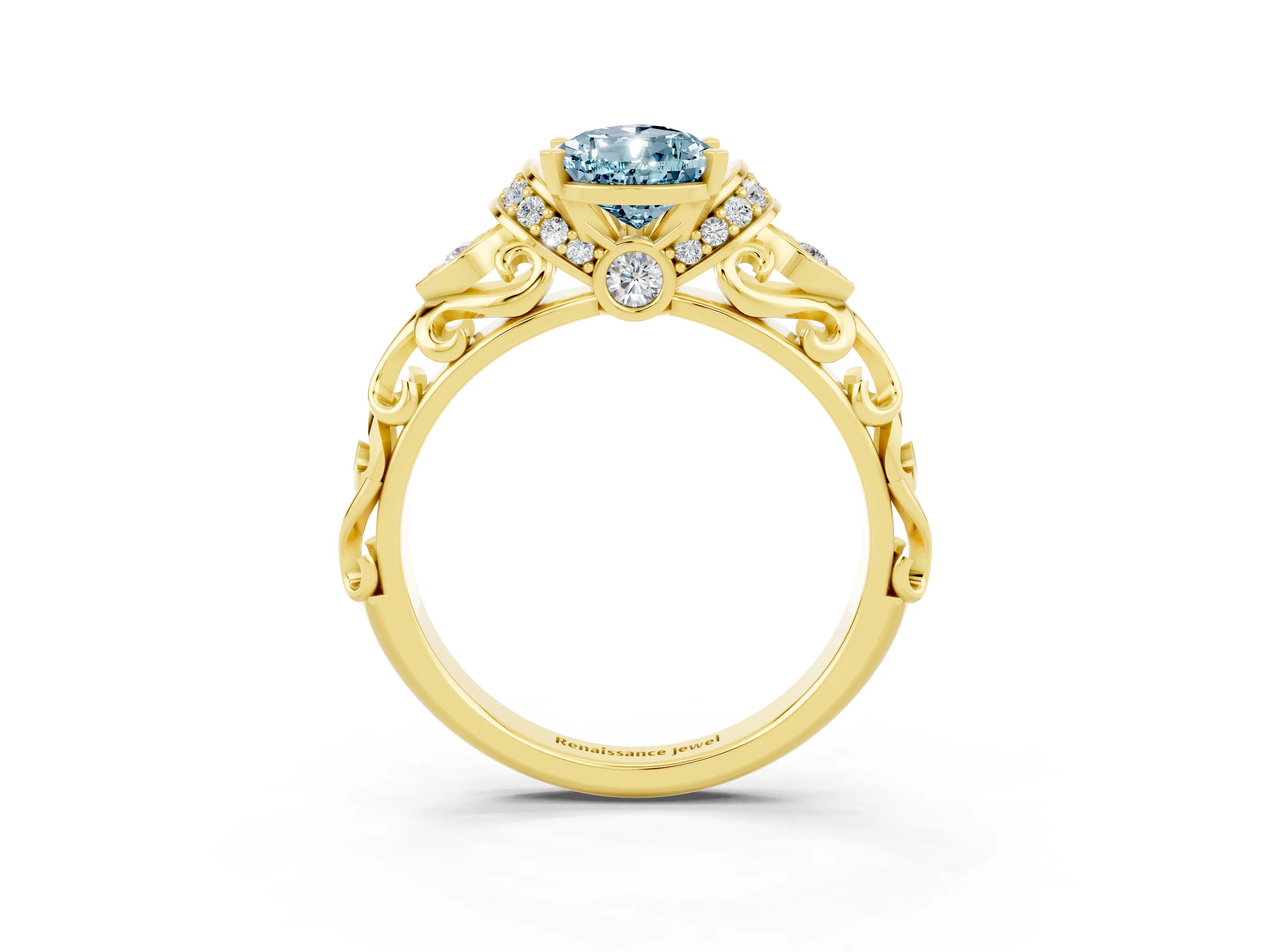 Yellow gold Pear Cut Aquamarine Solitaire Ring with Filigree Band and Four-Prong Setting_27