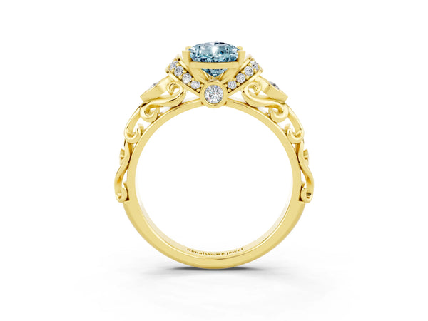 Yellow gold Pear Cut Aquamarine Solitaire Ring with Filigree Band and Four-Prong Setting