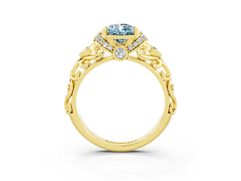 Yellow gold Pear Cut Aquamarine Solitaire Ring with Filigree Band and Four-Prong Setting_27
