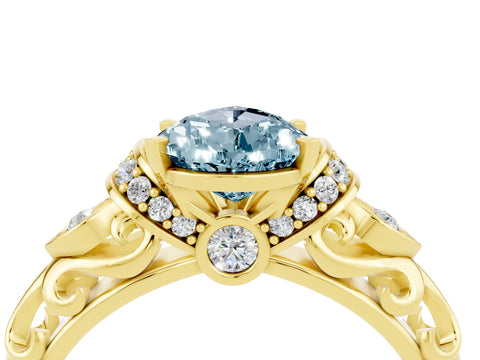 Yellow gold Pear Cut Aquamarine Solitaire Ring with Filigree Band and Four-Prong Setting_28