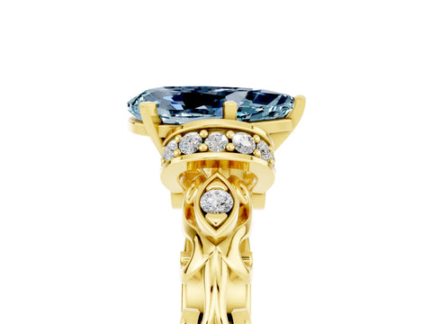 Yellow gold Pear Cut Aquamarine Solitaire Ring with Filigree Band and Four-Prong Setting_29