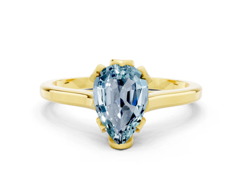 Yellow gold Pear Cut Aquamarine Solitaire Ring with Flower Prong Setting and Classic Band_12