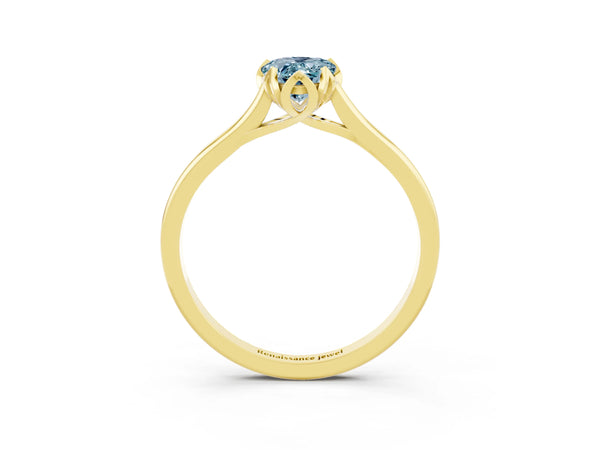 Yellow gold Pear Cut Aquamarine Solitaire Ring with Flower Prong Setting and Classic Band