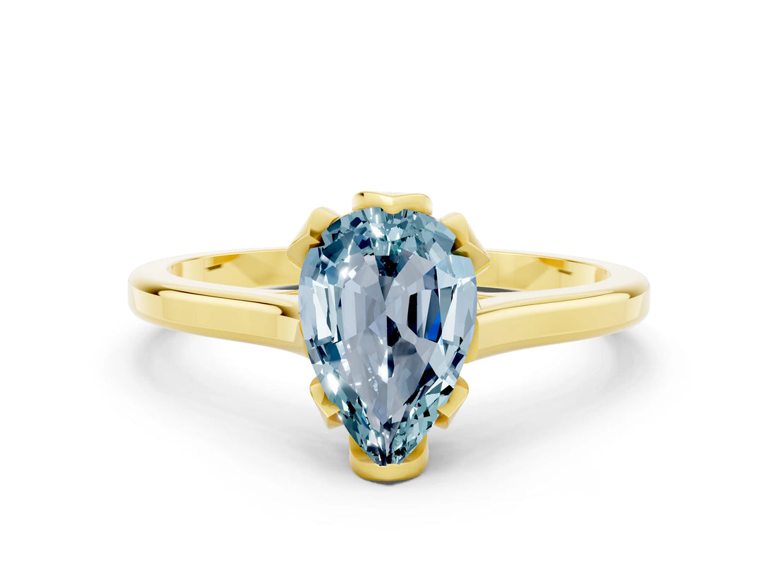 Yellow gold Pear Cut Aquamarine Solitaire Ring with Flower Prong Setting and Classic Band_36