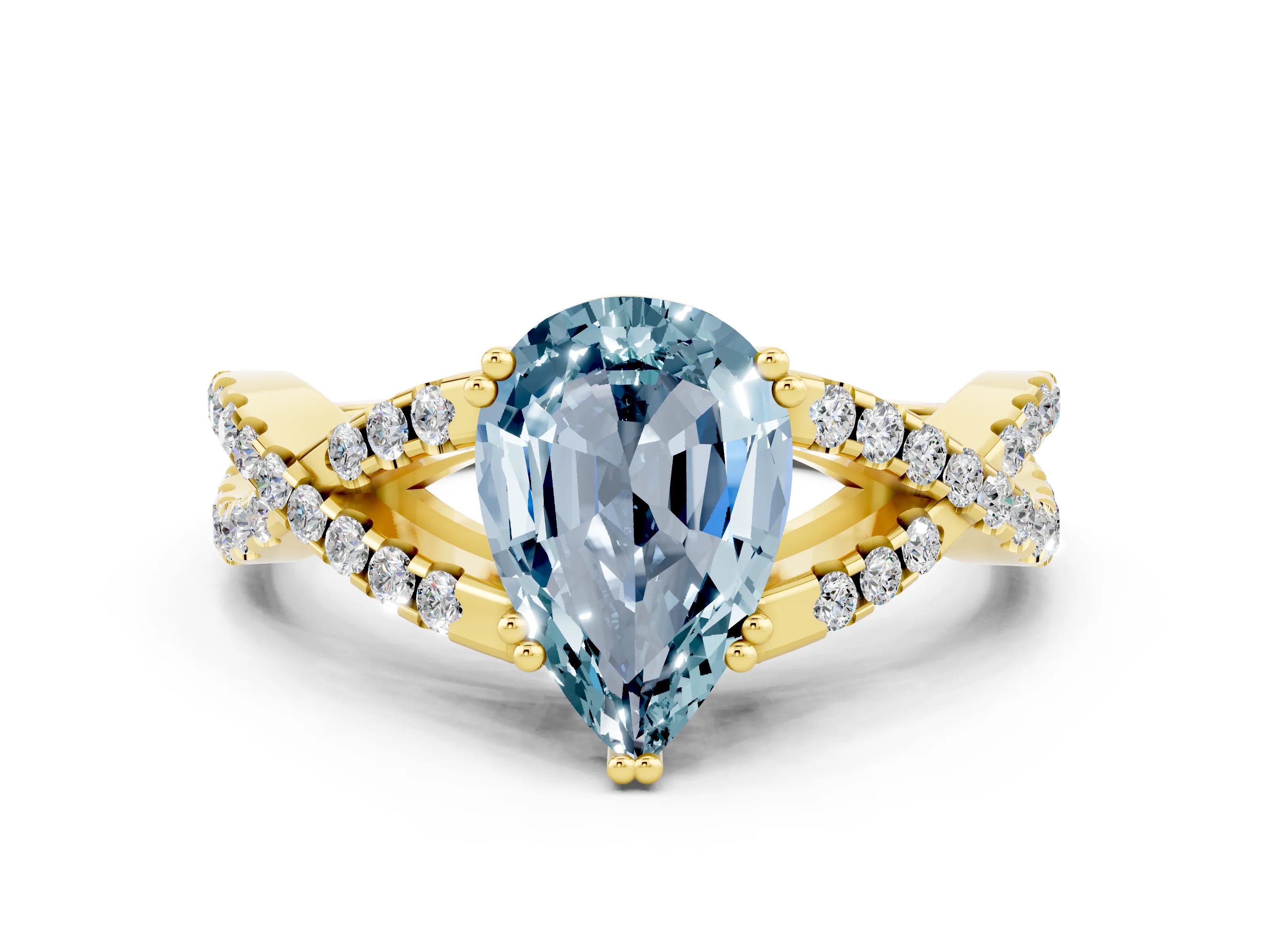 Yellow gold Pear Cut Aquamarine Solitaire Ring with Four-Prong Setting and Twisted Pavé Band