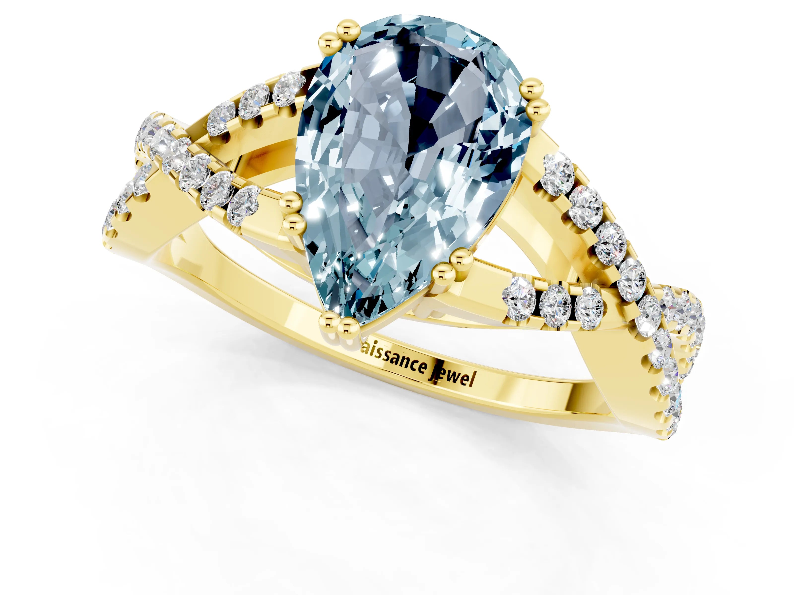 Yellow gold Pear Cut Aquamarine Solitaire Ring with Four-Prong Setting and Twisted Pavé Band_1
