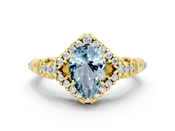 Yellow gold Pear Cut Aquamarine Solitaire Ring with Hidden Halo and Pavé Band
