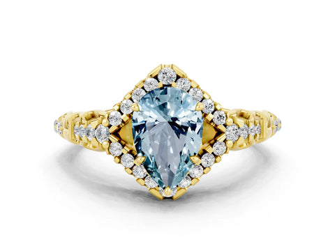 Yellow gold Pear Cut Aquamarine Solitaire Ring with Hidden Halo and Pavé Band_12