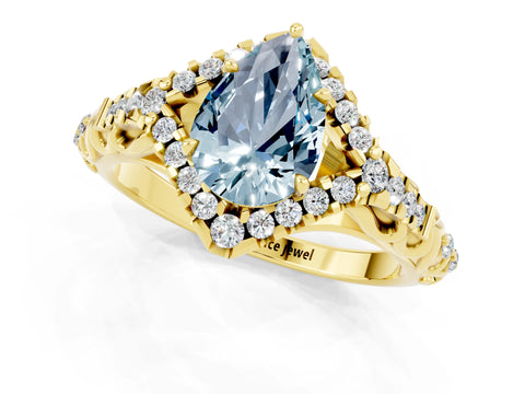 Yellow gold Pear Cut Aquamarine Solitaire Ring with Hidden Halo and Pavé Band_13