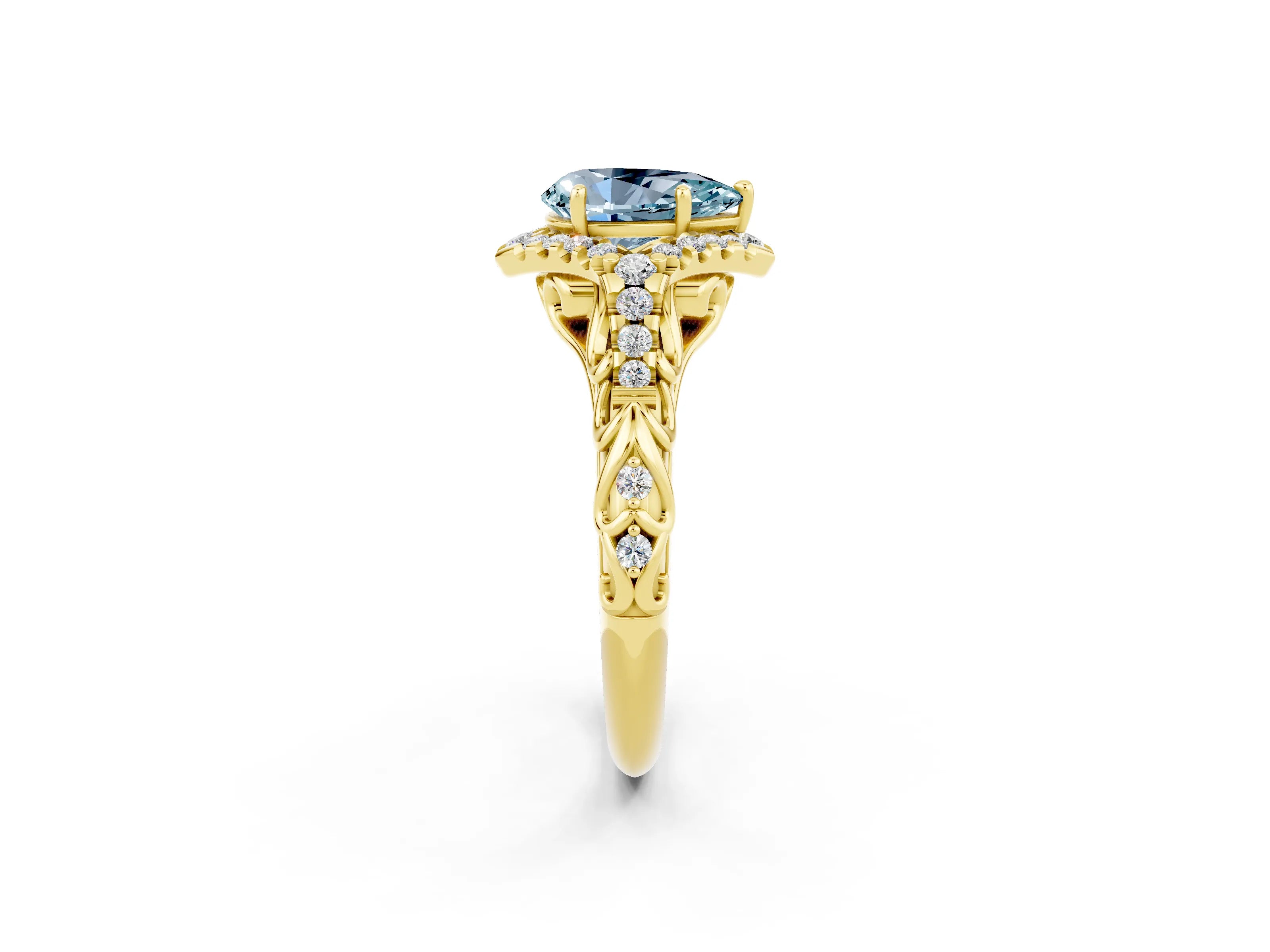 Yellow gold Pear Cut Aquamarine Solitaire Ring with Hidden Halo and Pavé Band_14