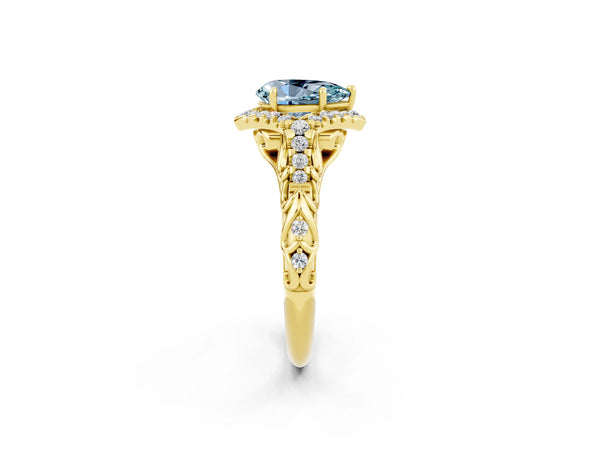 Yellow gold Pear Cut Aquamarine Solitaire Ring with Hidden Halo and Pavé Band