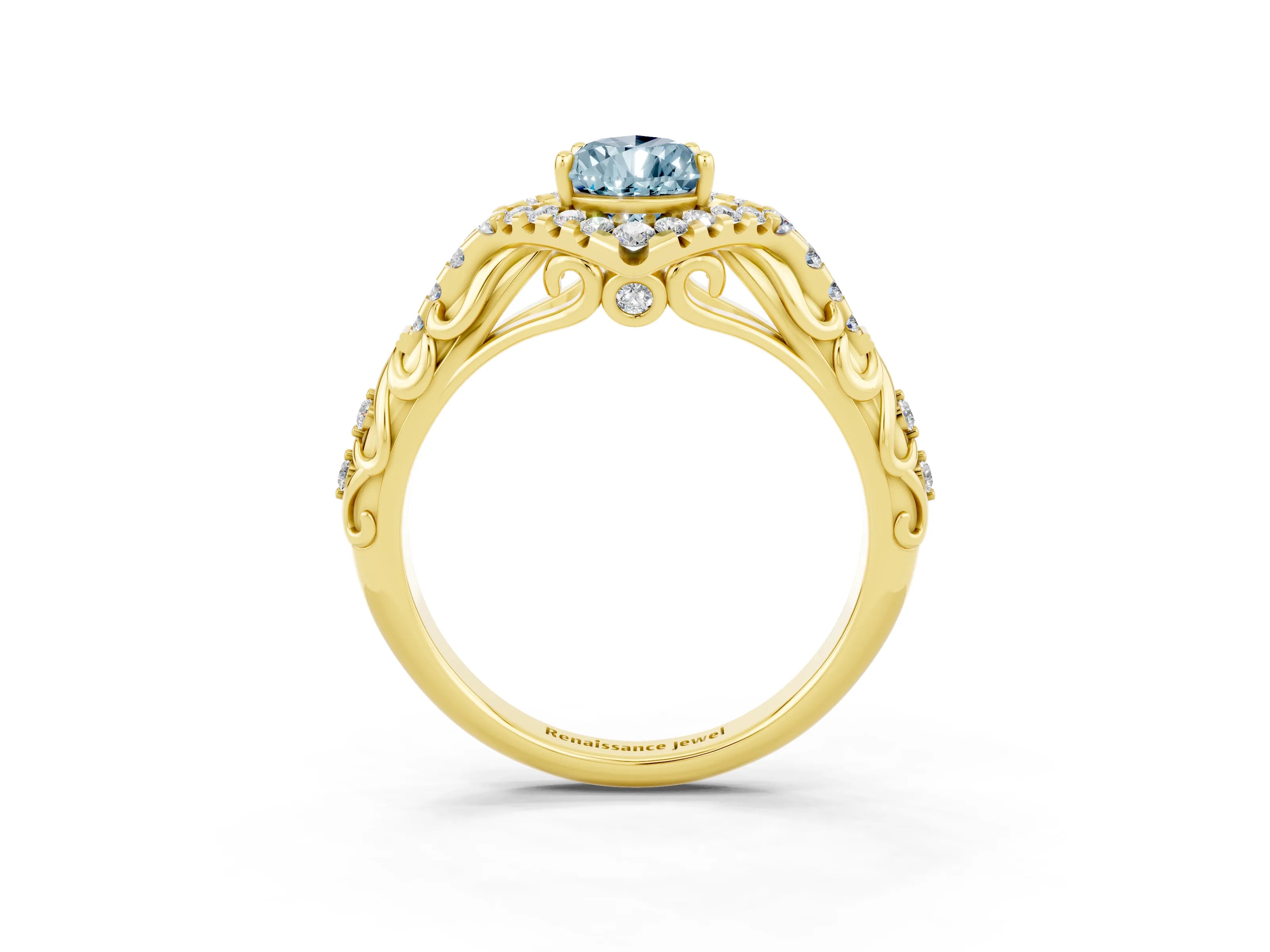 Yellow gold Pear Cut Aquamarine Solitaire Ring with Hidden Halo and Pavé Band_15