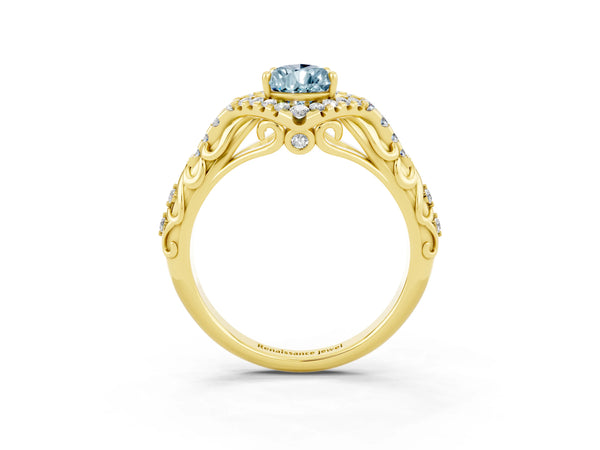 Yellow gold Pear Cut Aquamarine Solitaire Ring with Hidden Halo and Pavé Band