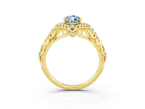 Yellow gold Pear Cut Aquamarine Solitaire Ring with Hidden Halo and Pavé Band_15