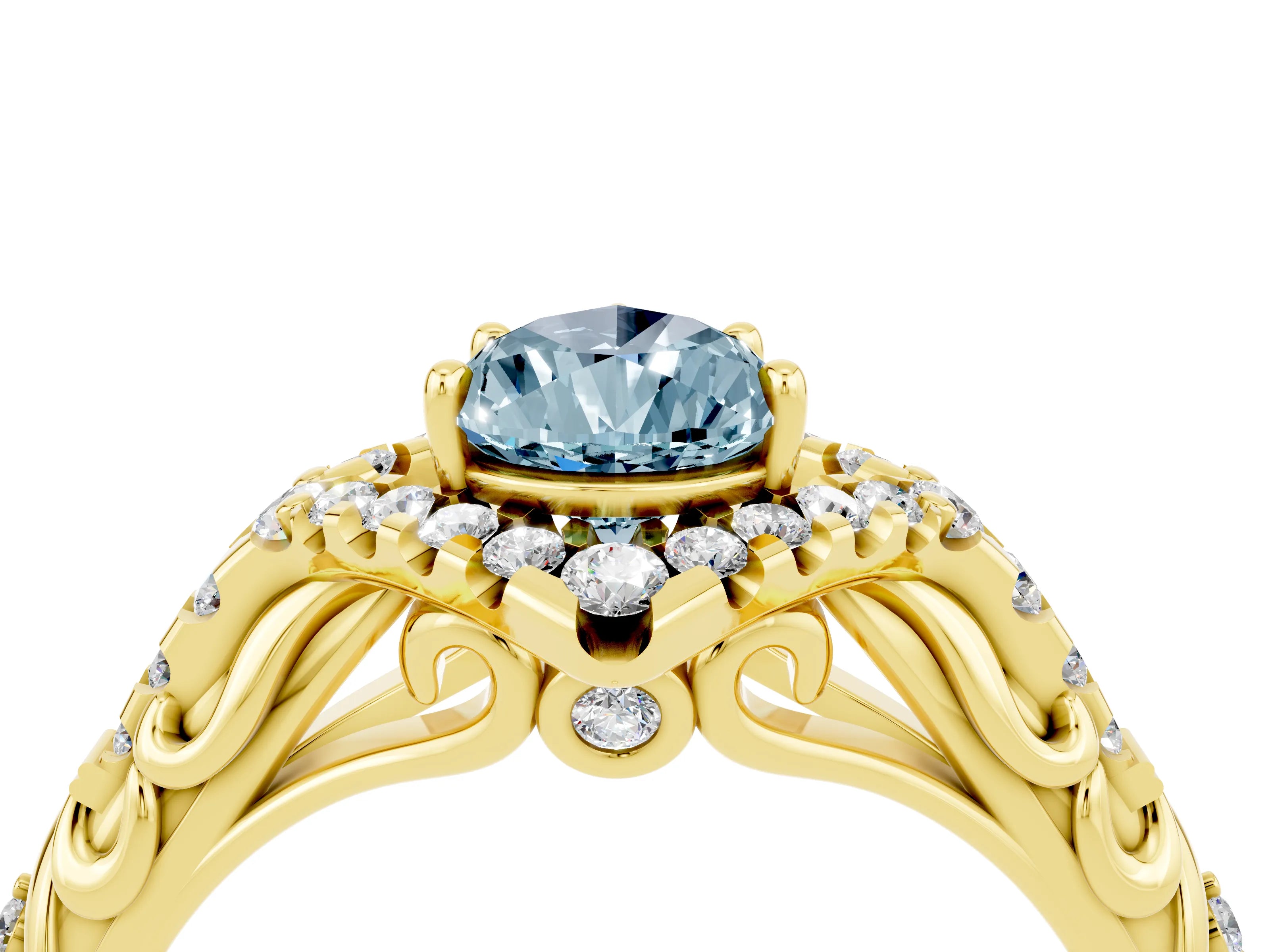 Yellow gold Pear Cut Aquamarine Solitaire Ring with Hidden Halo and Pavé Band_16
