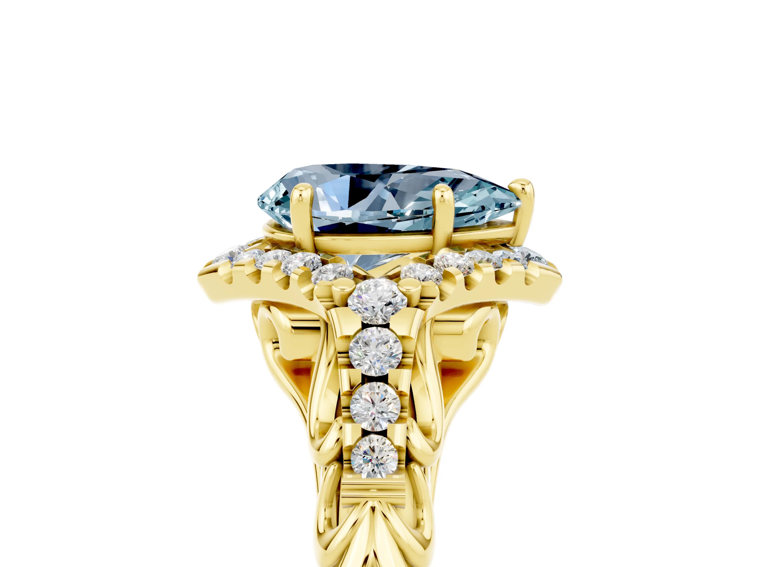 Yellow gold Pear Cut Aquamarine Solitaire Ring with Hidden Halo and Pavé Band_17