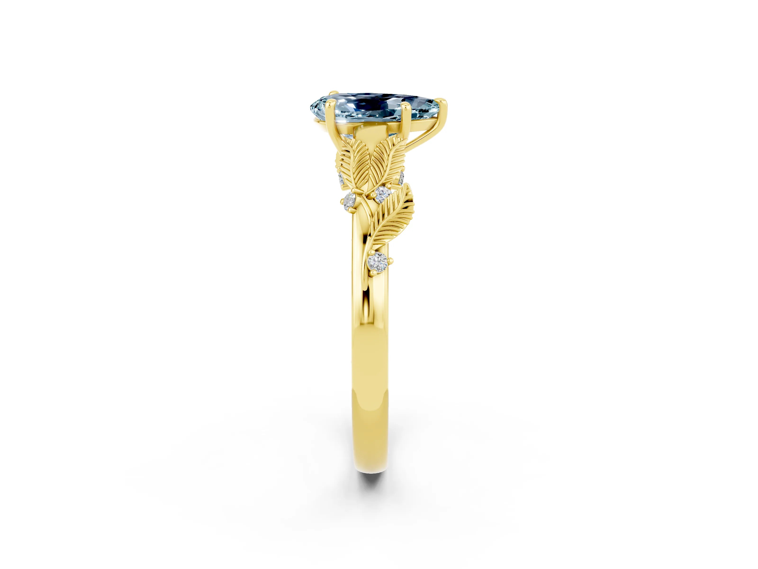 Yellow gold Pear Cut Aquamarine Solitaire Ring with Leaf Motif Band and Four-Prong Setting_2