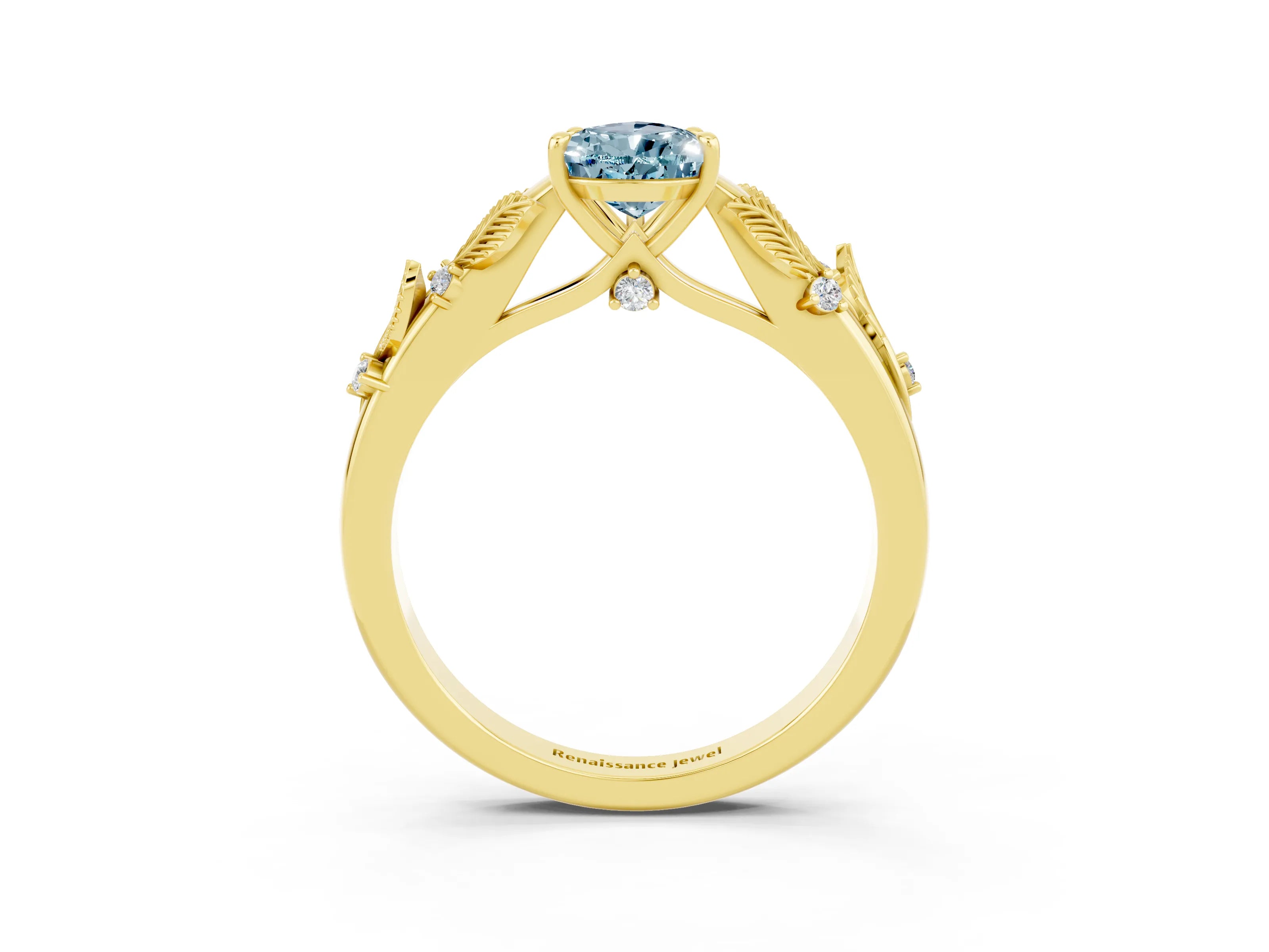 Yellow gold Pear Cut Aquamarine Solitaire Ring with Leaf Motif Band and Four-Prong Setting_3