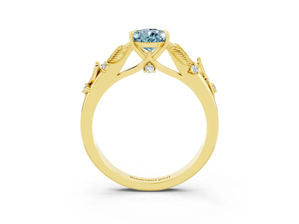 Yellow gold Pear Cut Aquamarine Solitaire Ring with Leaf Motif Band and Four-Prong Setting